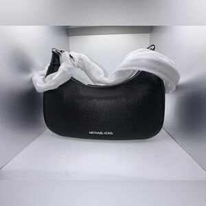 Michael Kors Cora Medium Pebbled Leather Shoulder Bag Black Silver